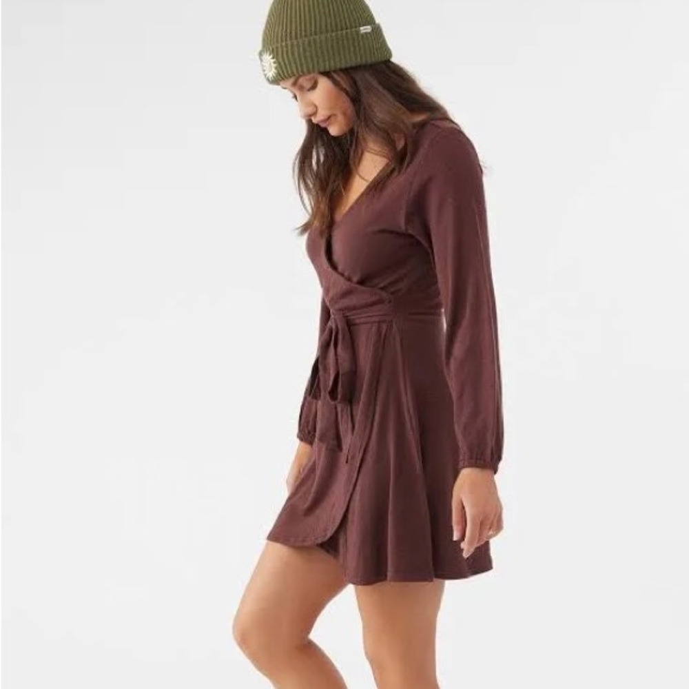 O’NEILL Womens Morningside Long Sleeve Solid Wrap Dress Chocolate NWT